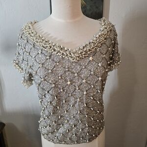 Chic Pearl-Studded Gray Blouse